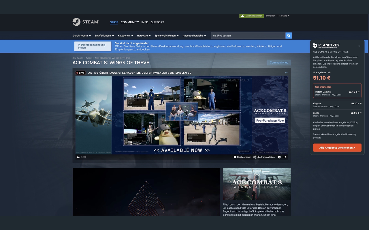 Preisvergleich direkt auf einer Steam-Spieleseite