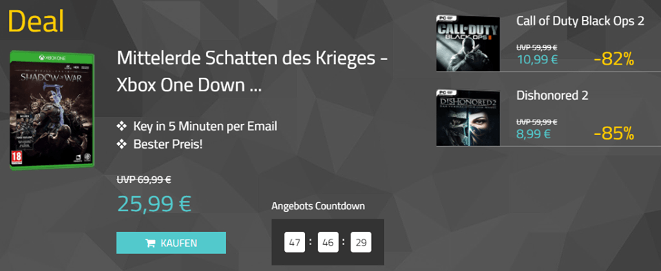 Black Ops 2, Mittelerde: Schatten des Krieges (Xb1) und Dishonored 2 im Angebot!