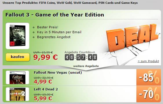 Fallout 3 GOTY, Fallout New Vegas und Left 4 Dead 2 Keys zum Tief-Preis!