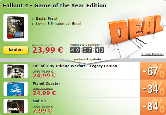 Fallout 4 GOTY, Mafia 3, Planet Coaster und COD Infinite Warfare Legacy in den MMOGA Deals!