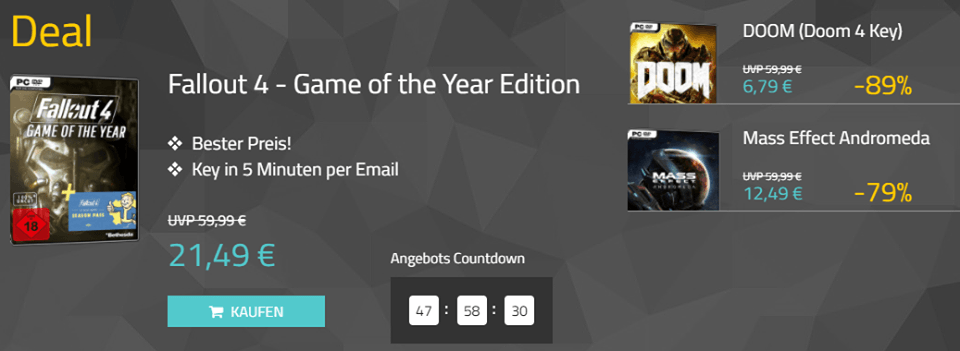 Fallout 4 GOTY, Mass Effect Andromeda und Doom 4 gÃ¼nstig kaufen