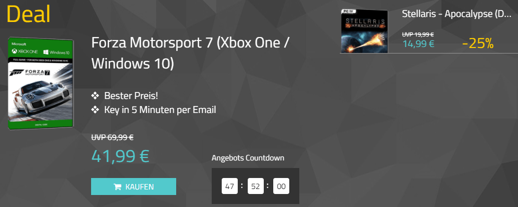 Forza Motorsport 7 (XB1/Win10) und Stellaris Apocalypse DLC im Angebot