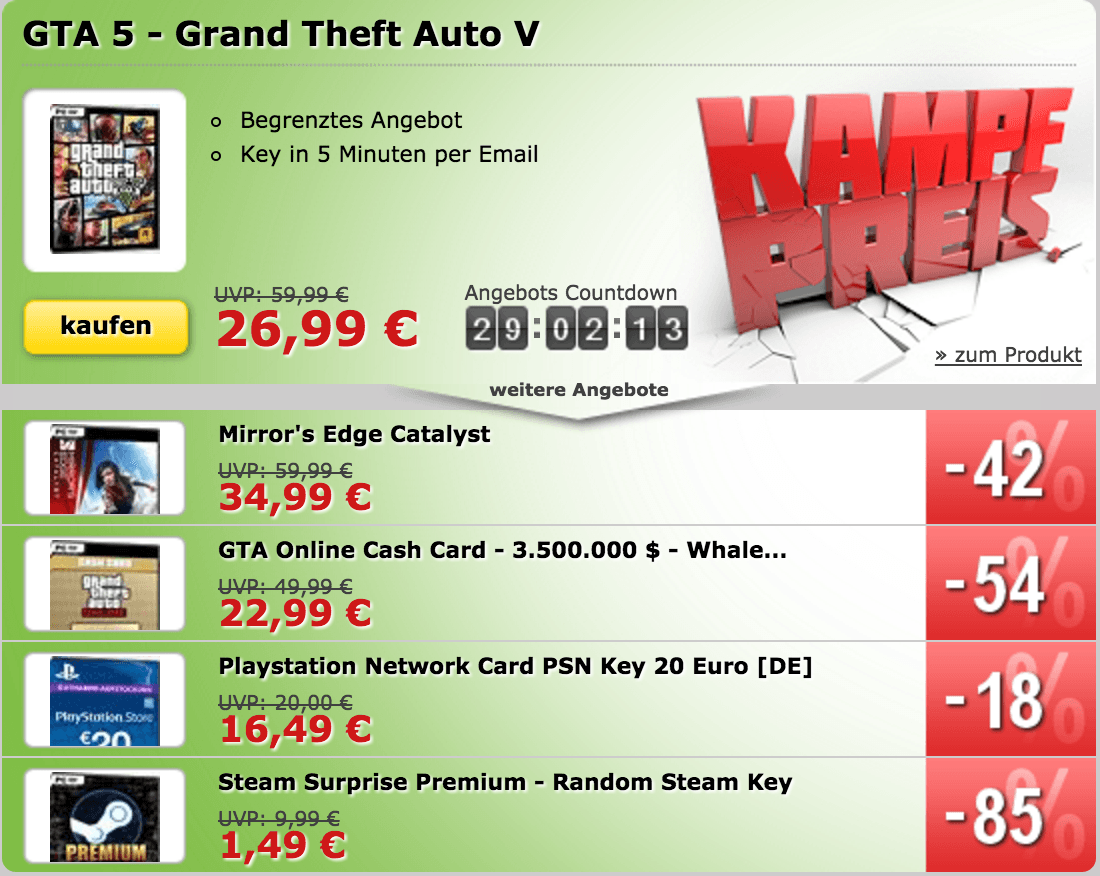 GTA 5, Suprise Keys, Mirros Edge Catalyst und mehr zum Kampfpreis!