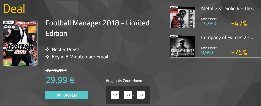 (MMOGA DEAL) Football Manager 2018 LE, Metal Gear Solid V und CoH2 Master Collection im Angebot!