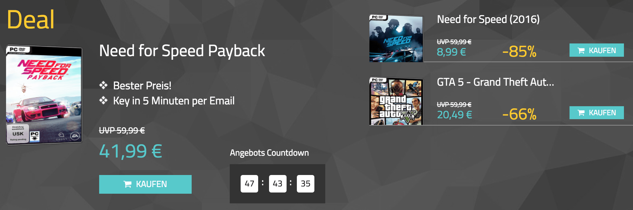 Schnelle Deals mit NFS Payback, NFS 2016 und GTA 5