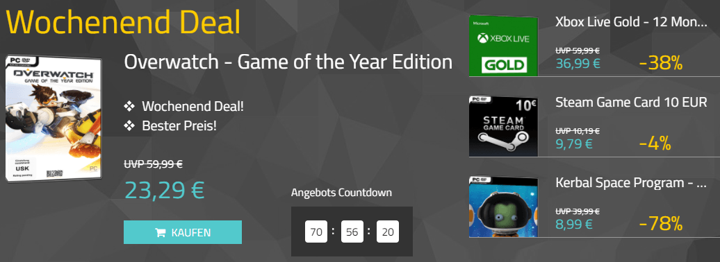 MMOGA Deals mit Overwatch GOTY, Xbox Live Gold (12 Monate), Steam Gamecard (10EUR) und mehr!