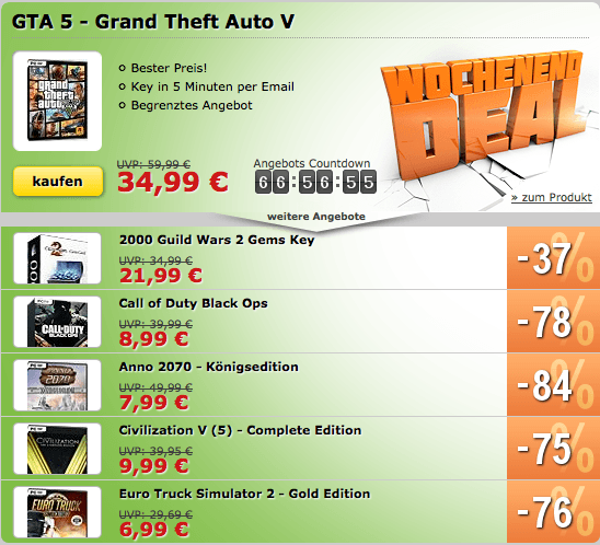 MMOGA - Der Wochenend Deal mit GTA 5, 2000 Guild Wars 2 Gems, Call of Duty Black Ops uvm.