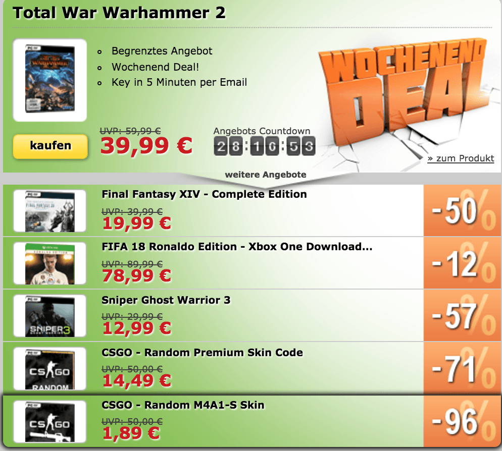 MMOGA Weekenddeals mit Total War Warhammer 2, CS:GO Skins, Sniper GW 3, FF XIV und FIFA 18 XBOXOne