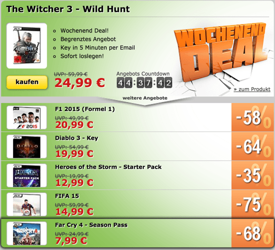 MMOGA Weekenddeals mit Witcher 3, HotS Starterpack, F1 2015 uvm. zum absoluten Hammerpreis!