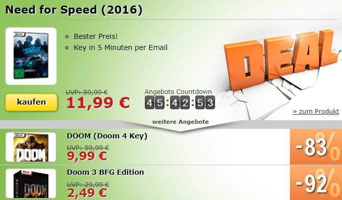 NFS 2016 , DOOM 4 und DOOM 3BFG bei MMOGA im Angebot!