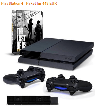 PlayStation 4 + 2 Kontroller + Kamera + TheLastofUs Steelbook Edition fÃ¼r nur 449 EUR