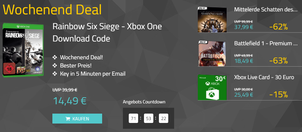 Rainbow Six Siege Xbox One, Mittelerde Schatten des Krieges, BF1 Premium und Xbox Live Card 30 Euro im Angebot!