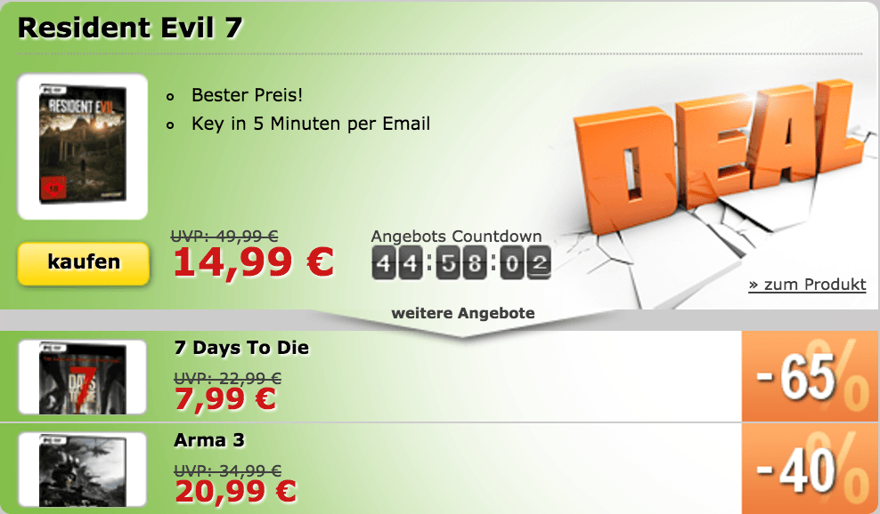 Resident Evil 7, 7 Days to Die und Arma 3 im Angebot!