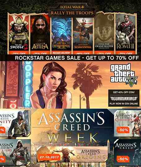 Spare jetzt bei Assassins Creed, TOTAL WAR und Rockstar Games!