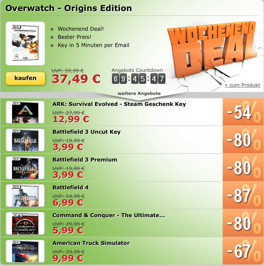 Weekenddeals mit Overwatch Origins, Ark, BF3 uvm.