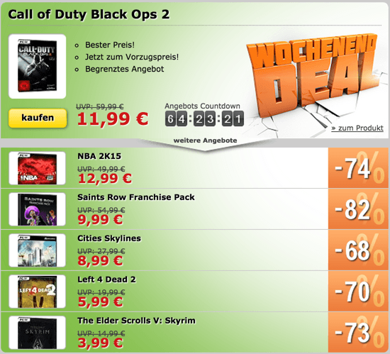 Weekenddeals von MMOGA - COD BO2, Cities Skylines, NBA2K15, Left4Dead 2 uvm.