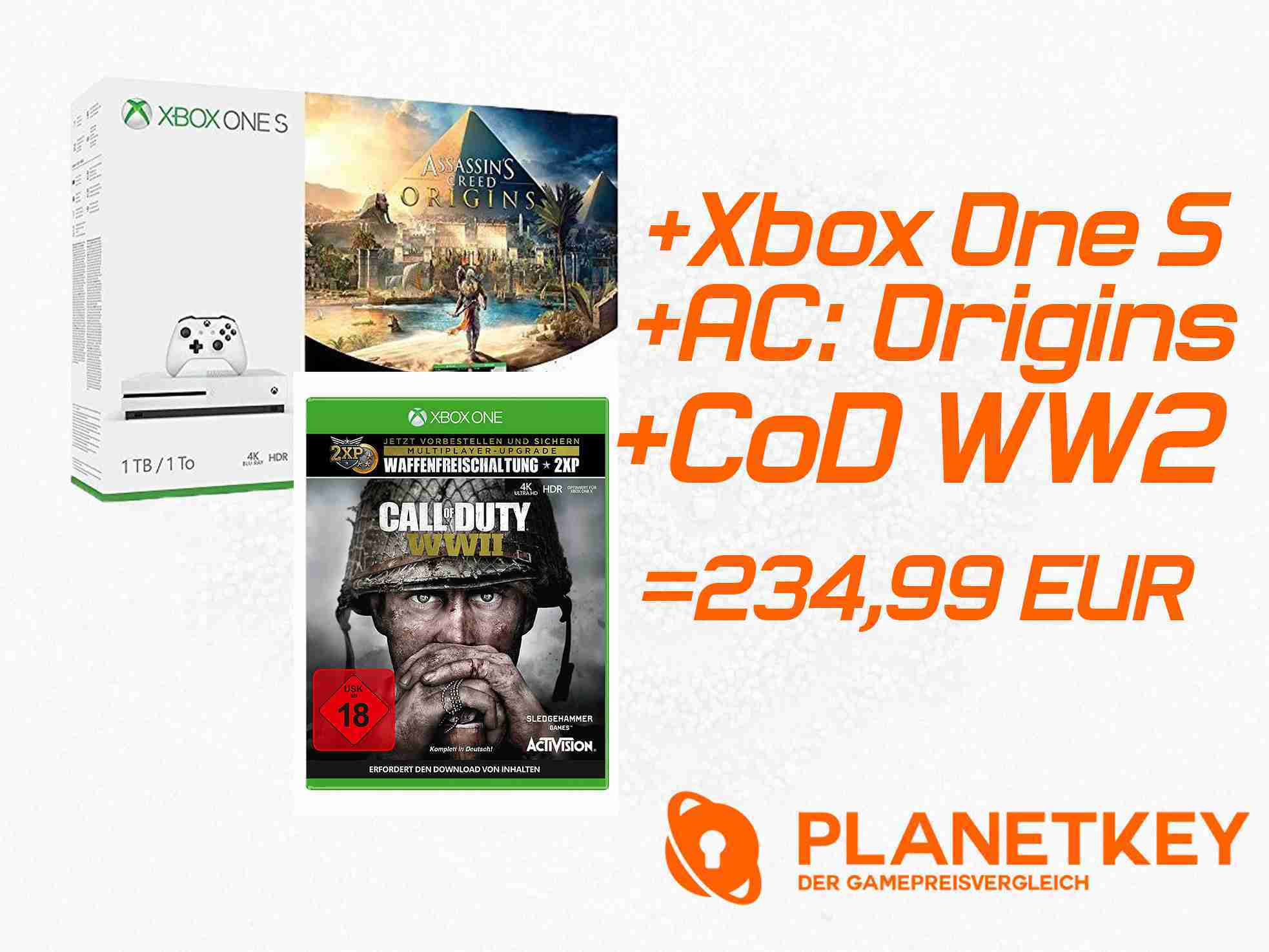 Xbox One S 500GB Konsole - Assassinsâ€˜s Creed Origins Bundle + Call of Duty: WWII fÃ¼r 234,99 EUR inkl. VSK